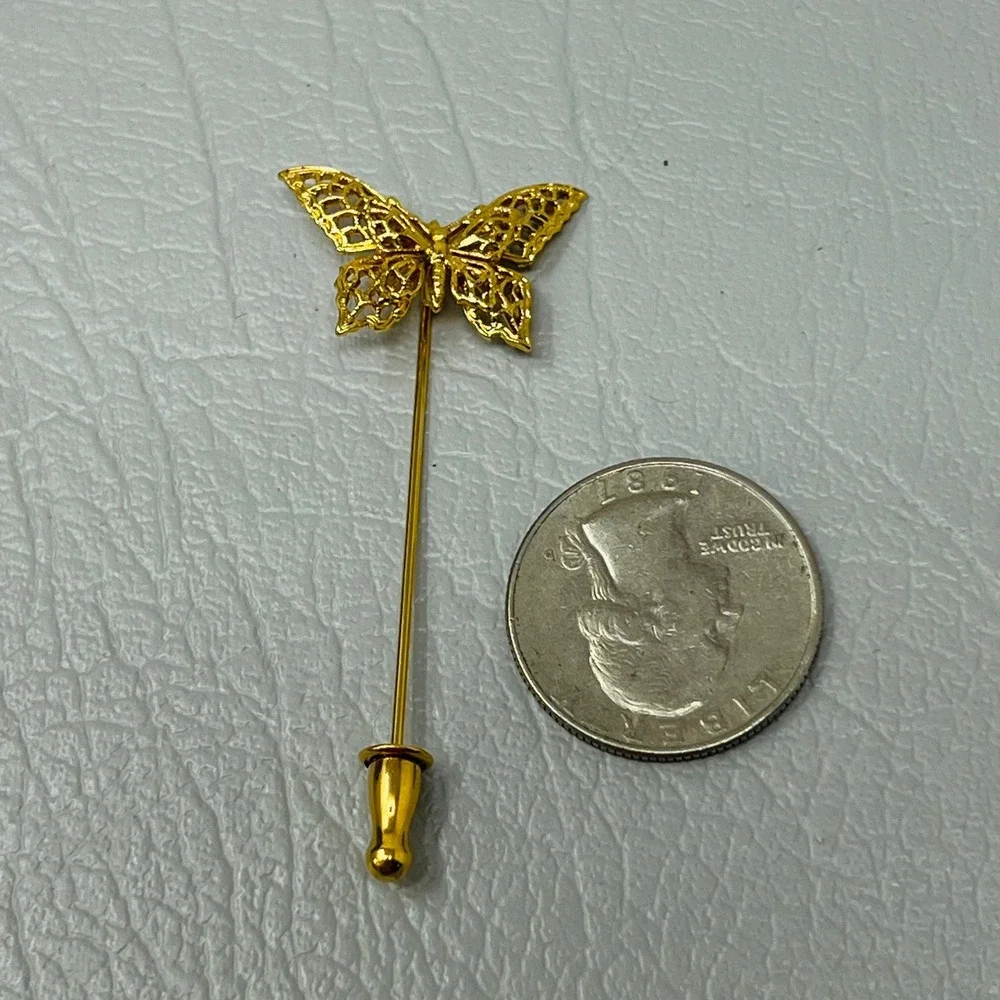 Vintage‎ Stick Pin Butterfly Filigree Long Gold Tone Lapel Classic Style